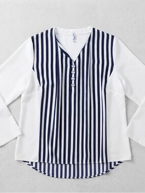 Vintage Luxe Navy Blue White Striped Blouse Long Sleeve Button V-Neck Plus Size